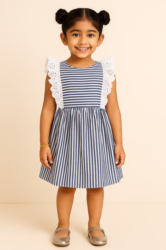 Girls Blue Striped Lace Sleeve Dress