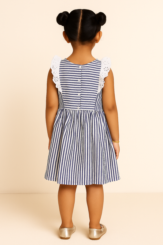 Girls Blue Striped Lace Sleeve Dress