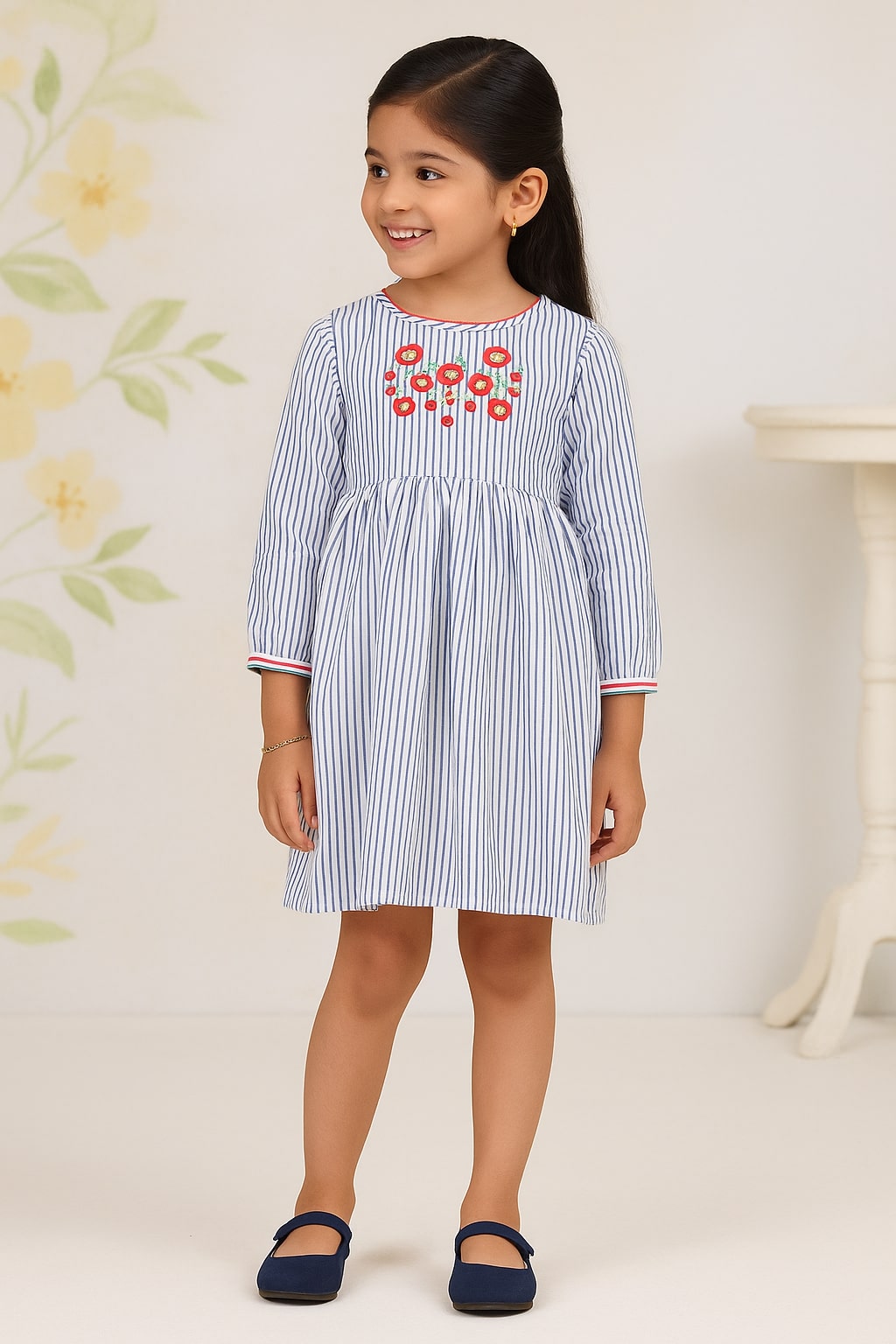 Girls Striped Floral A-Line Dress