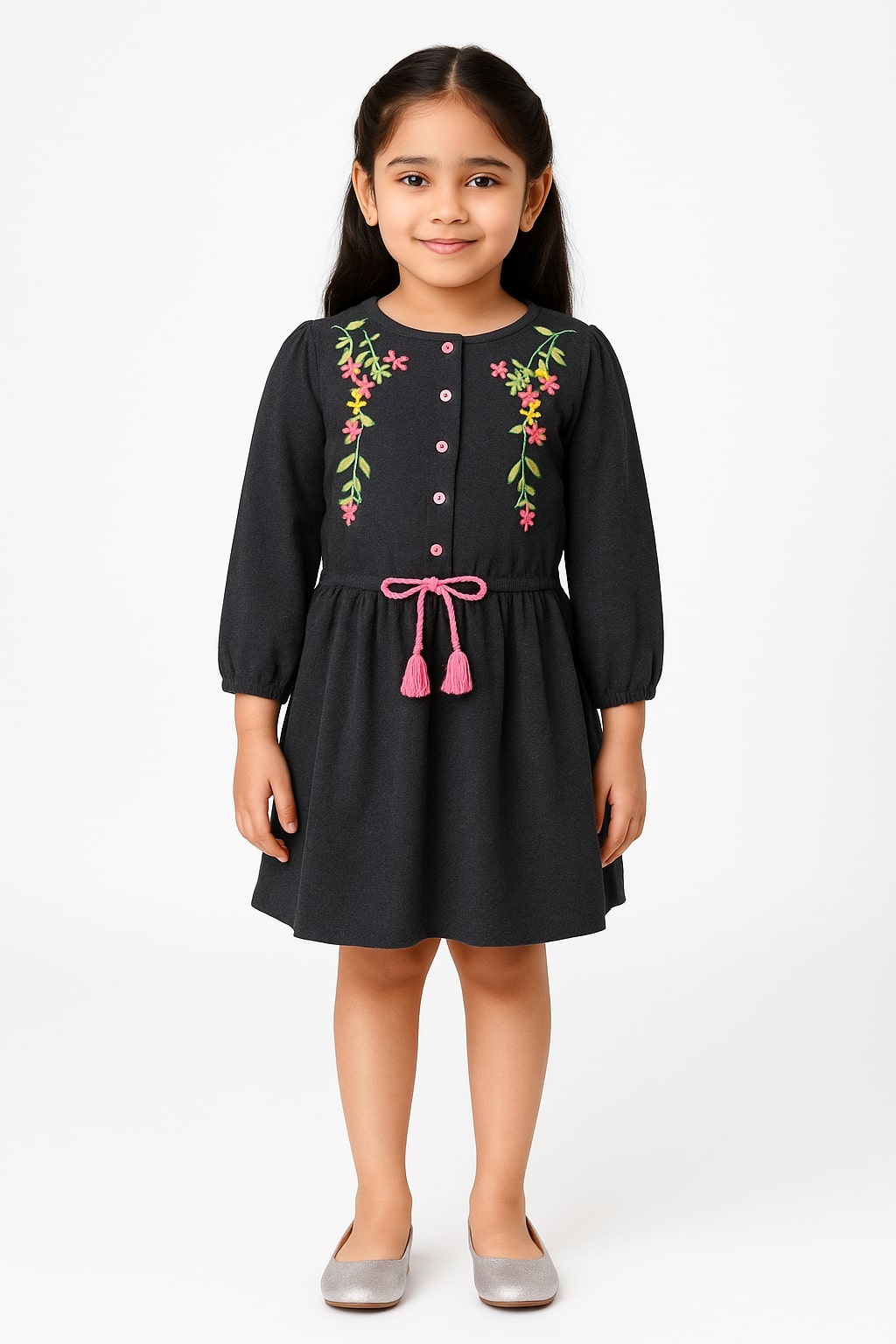 Girls Black Embroidered Fit & Flare Dress