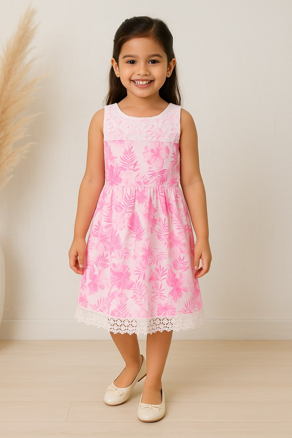 Girls Pink Tropical Floral Dress