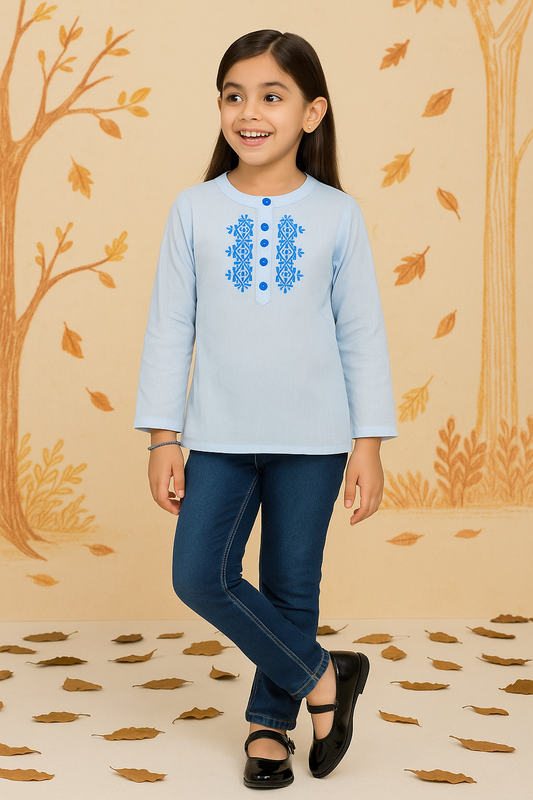 Girls White Embroidered Casual Shirt