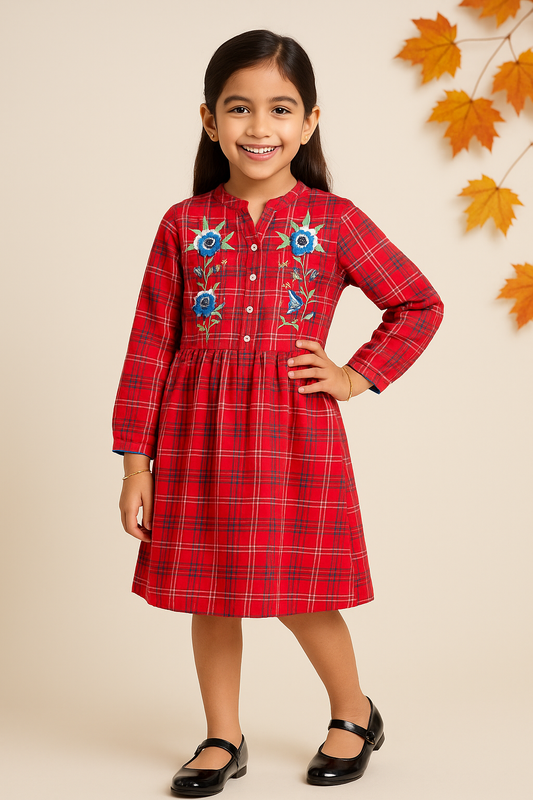 Girls Pink Checked Fit & Flare Dress