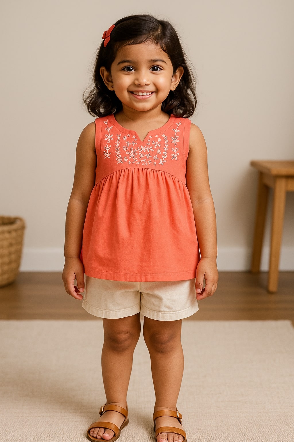 Girls Coral Sleeveless Embroidered Top