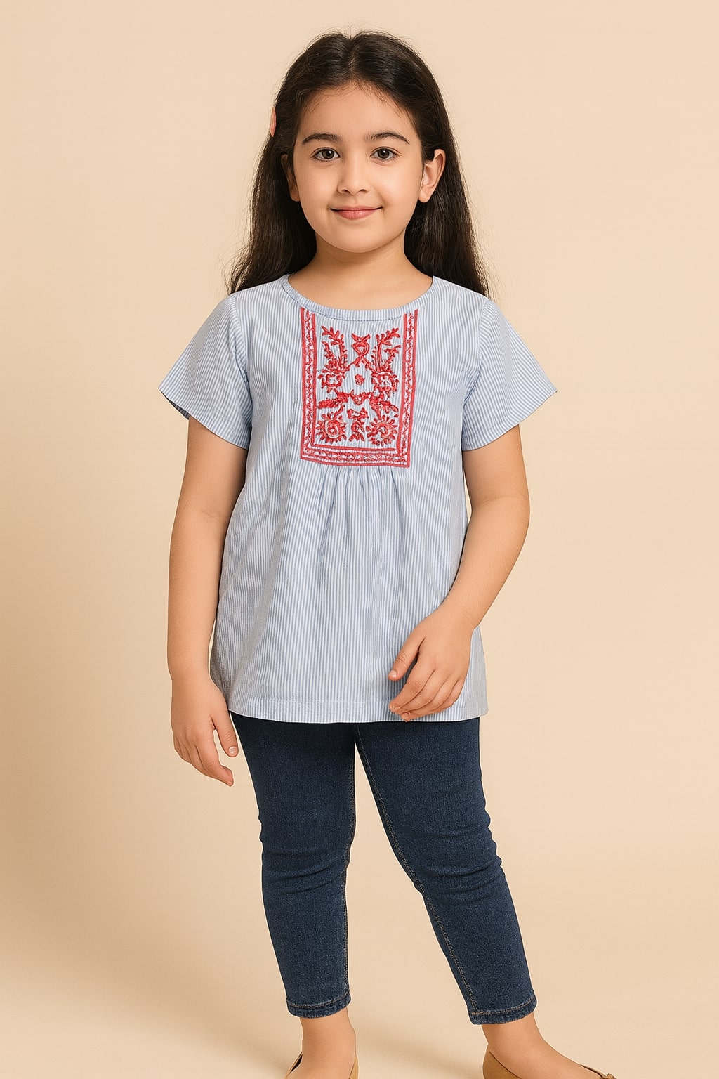 Girls Light Blue Embroidered Casual Top