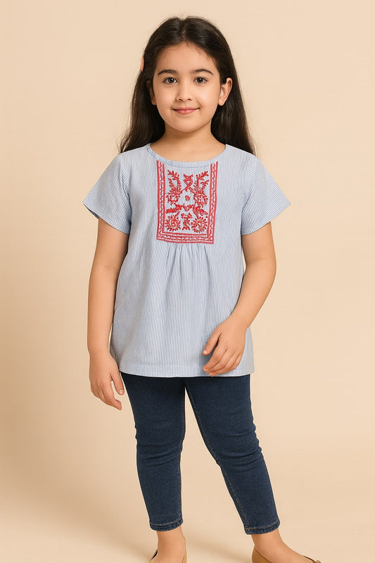 Girls Light Blue Embroidered Casual Top