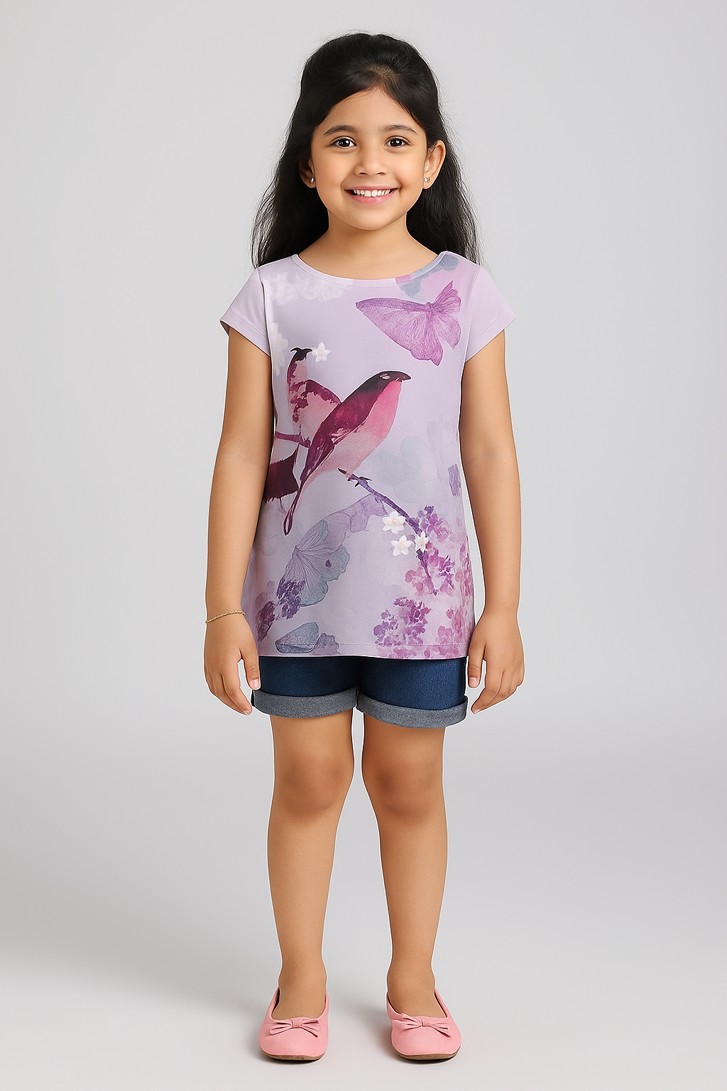 Girls Bird & Butterfly Print Casual Top