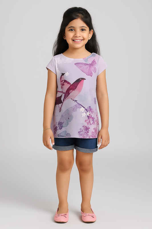 Girls Bird & Butterfly Print Casual Top