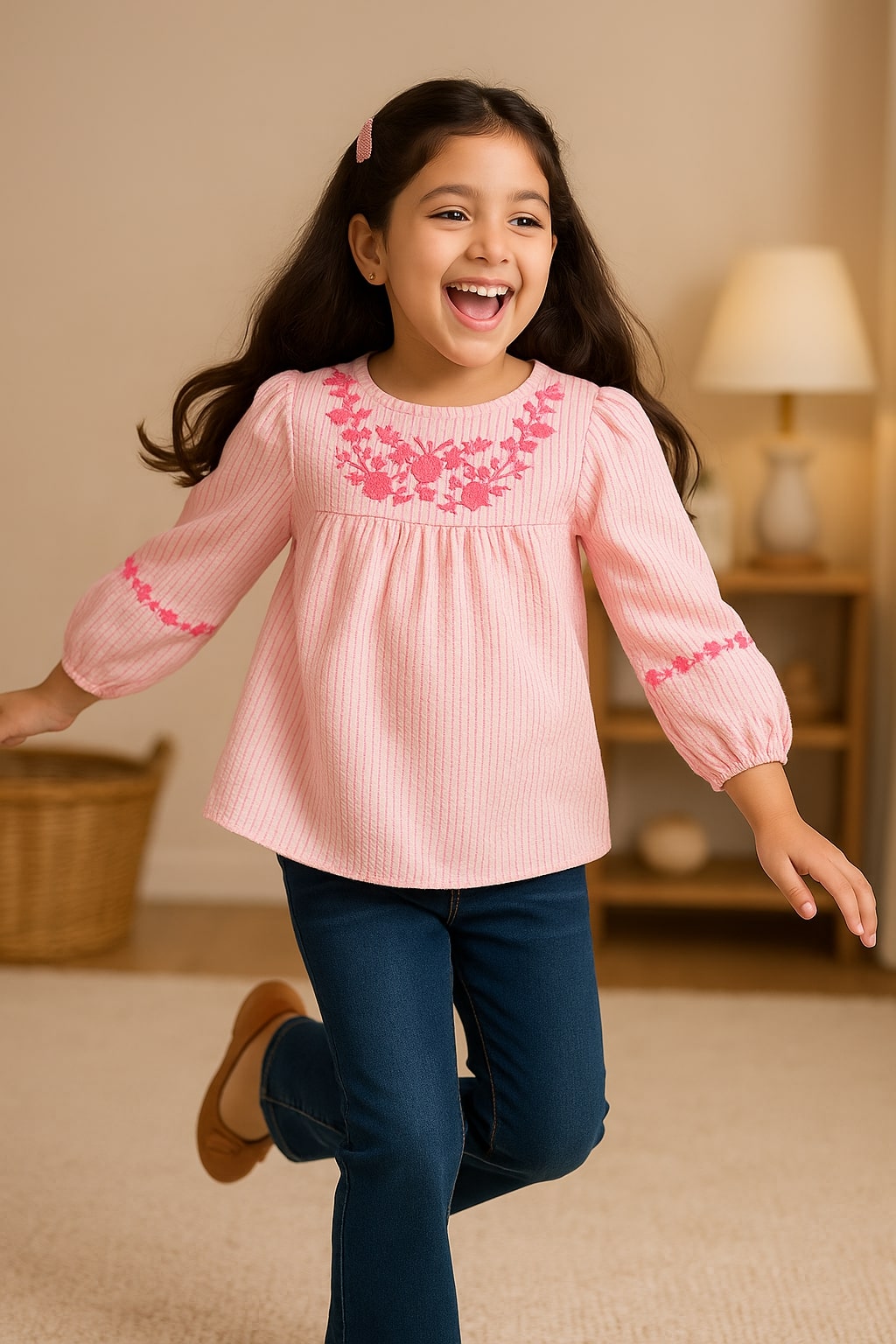 Girls Striped Embroidered Casual Top