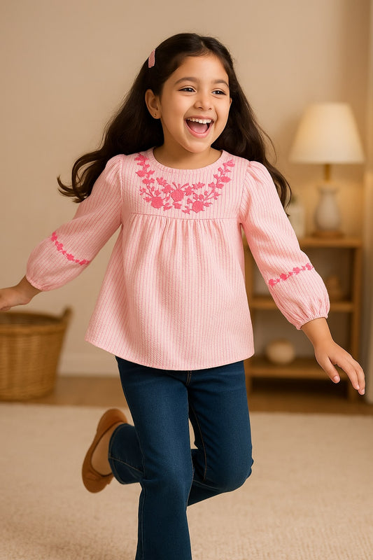 Girls Striped Embroidered Casual Top