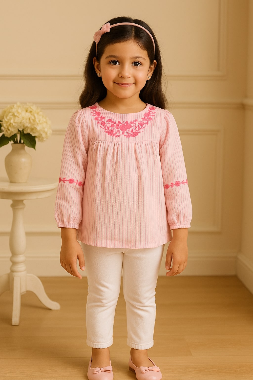Girls Striped Embroidered Casual Top