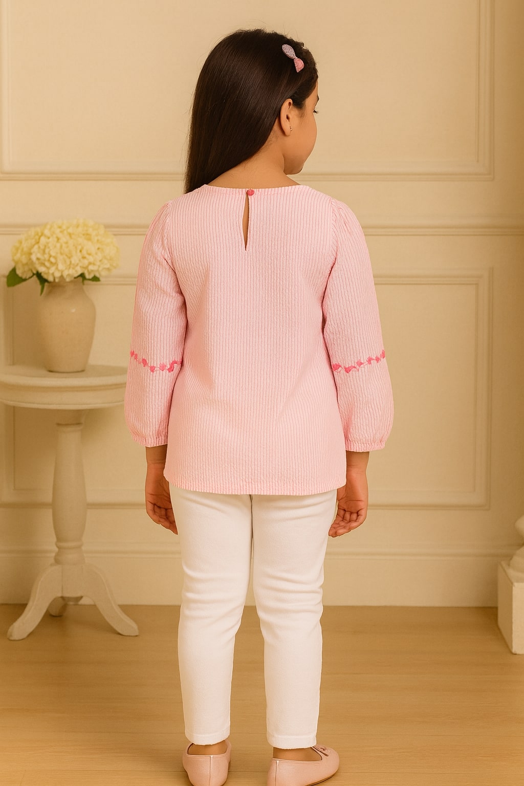 Girls Striped Embroidered Casual Top
