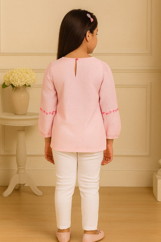 Girls Striped Embroidered Casual Top