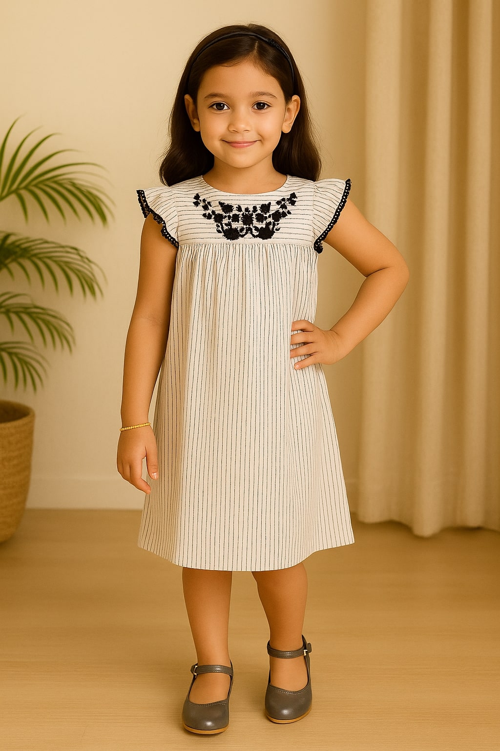 Girls Striped Embroidered Dress