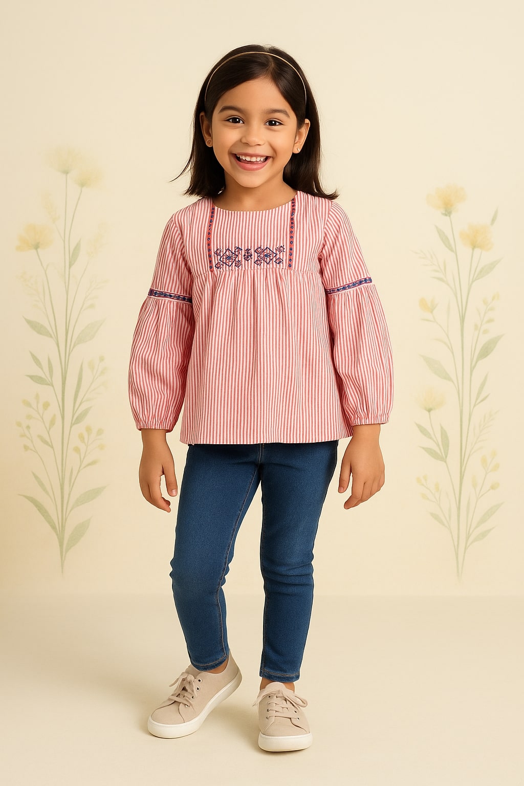 Girls Pink Striped Embroidered Casual Top