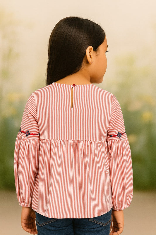 Girls Pink Striped Embroidered Casual Top