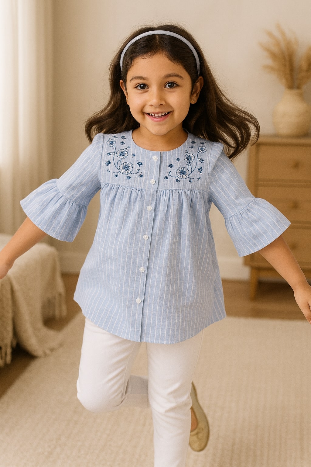 Girls Blue Embroidered Casual Top