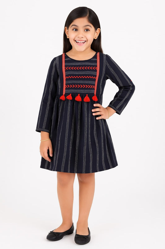 Girls Black Striped Embroidered Dress