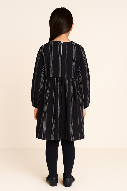Girls Black Striped Embroidered Dress