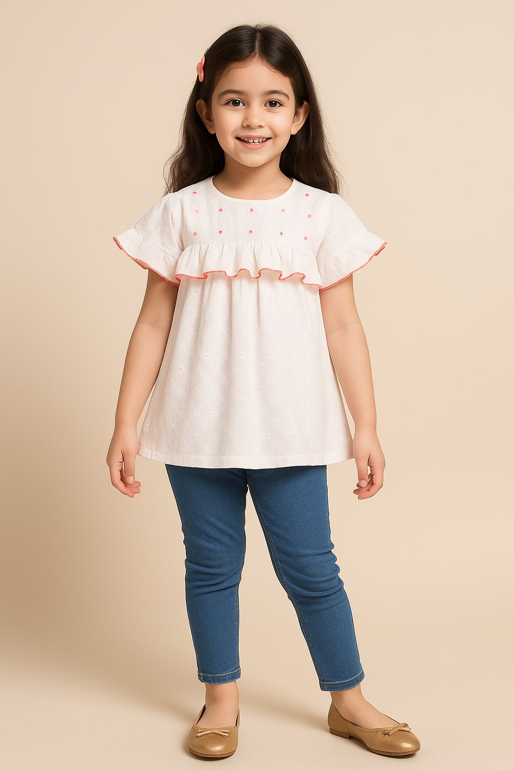 Girls White Embroidered Casual Top