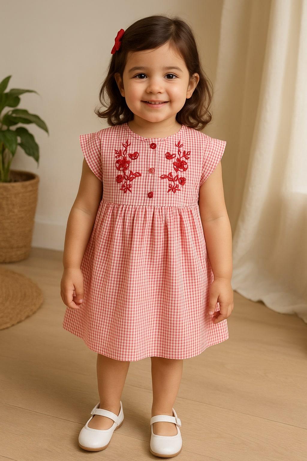 Girls Red Checked Embroidered Dress
