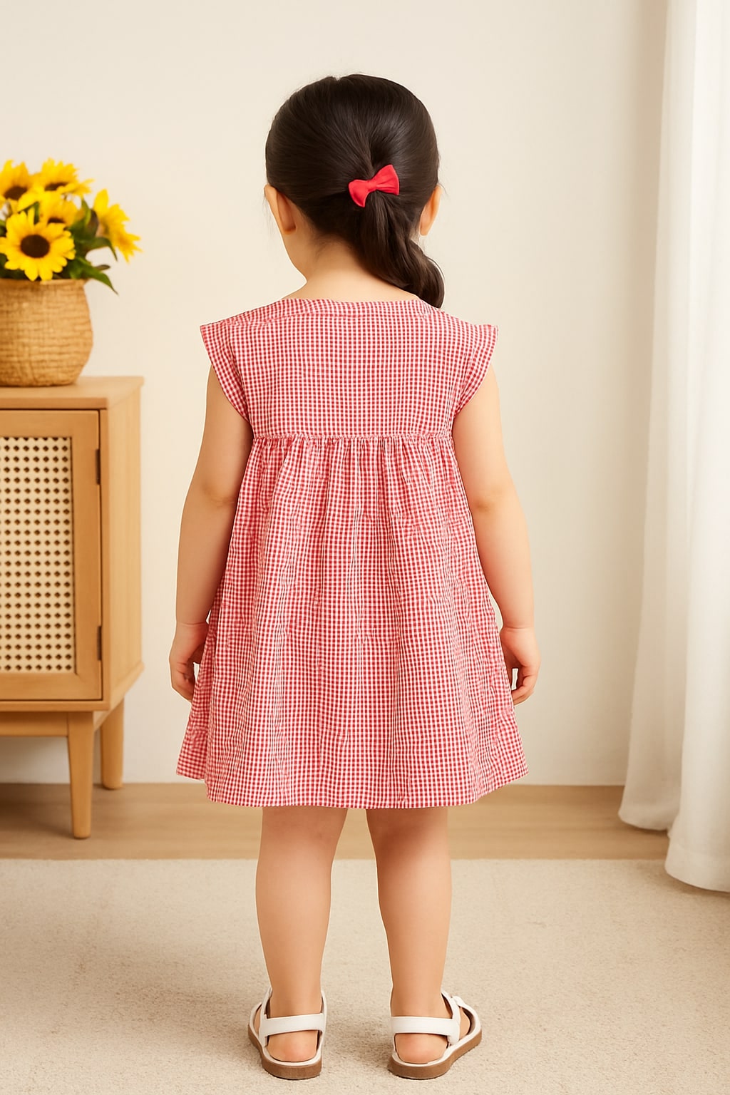 Girls Red Checked Embroidered Dress