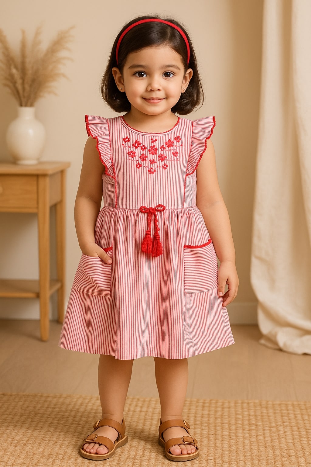 Girls Striped Embroidered Dress
