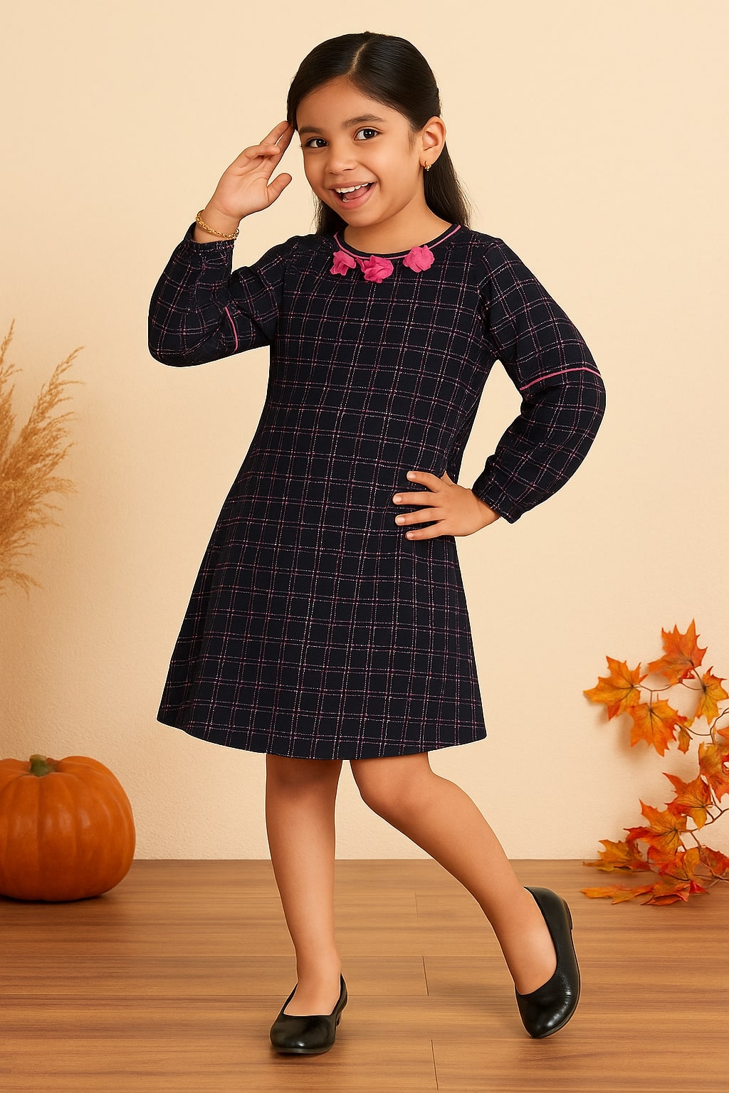 Girls Navy Blue Checked Flared Dress