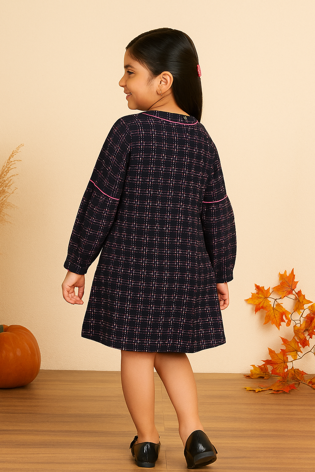 Girls Navy Blue Checked Flared Dress