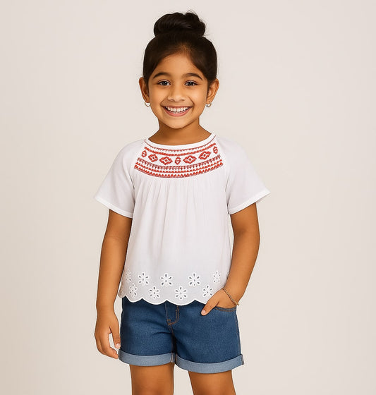 Girls White Embroidered Casual Top