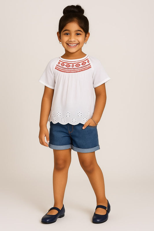 Girls White Embroidered Casual Top