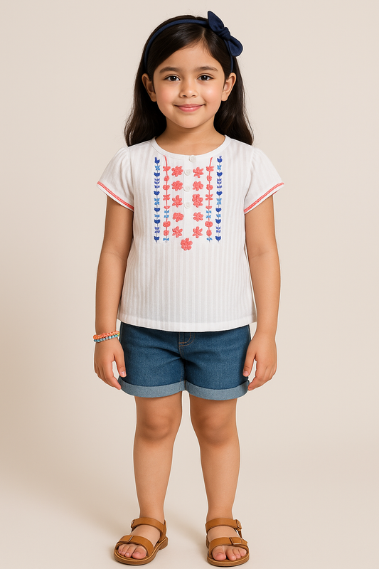 Girls White Floral Embroidered Casual Cotton Top