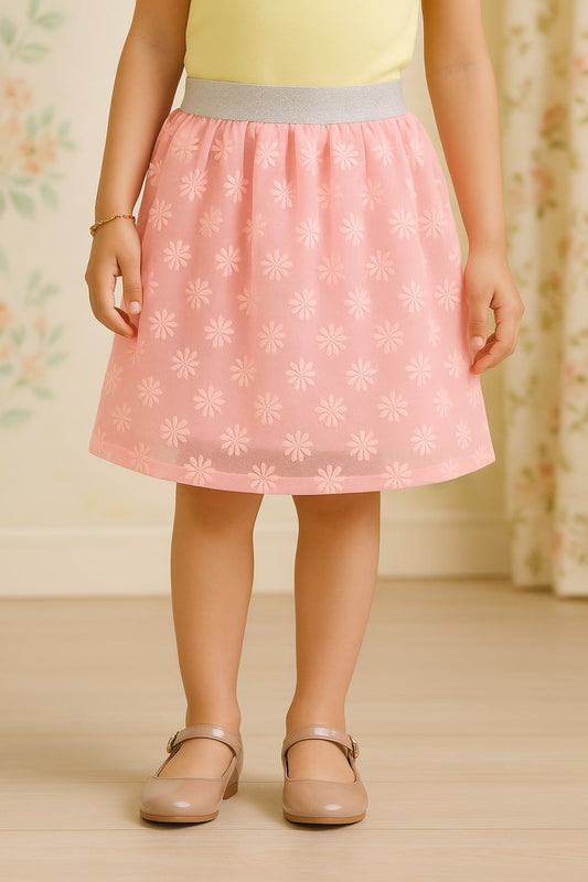Girls Floral Embroidered Mesh Flared Mini Skirt