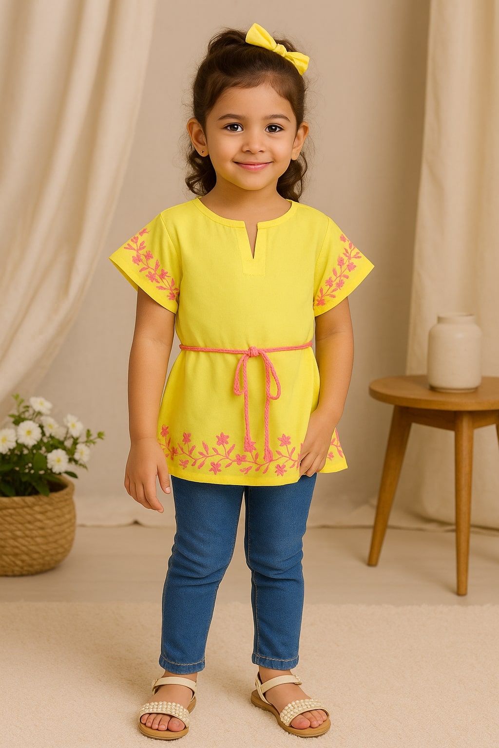 Girls Lemon Yellow Embroidered Top