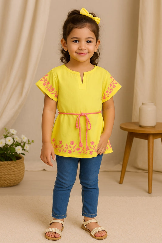 Girls Lemon Yellow Embroidered Top