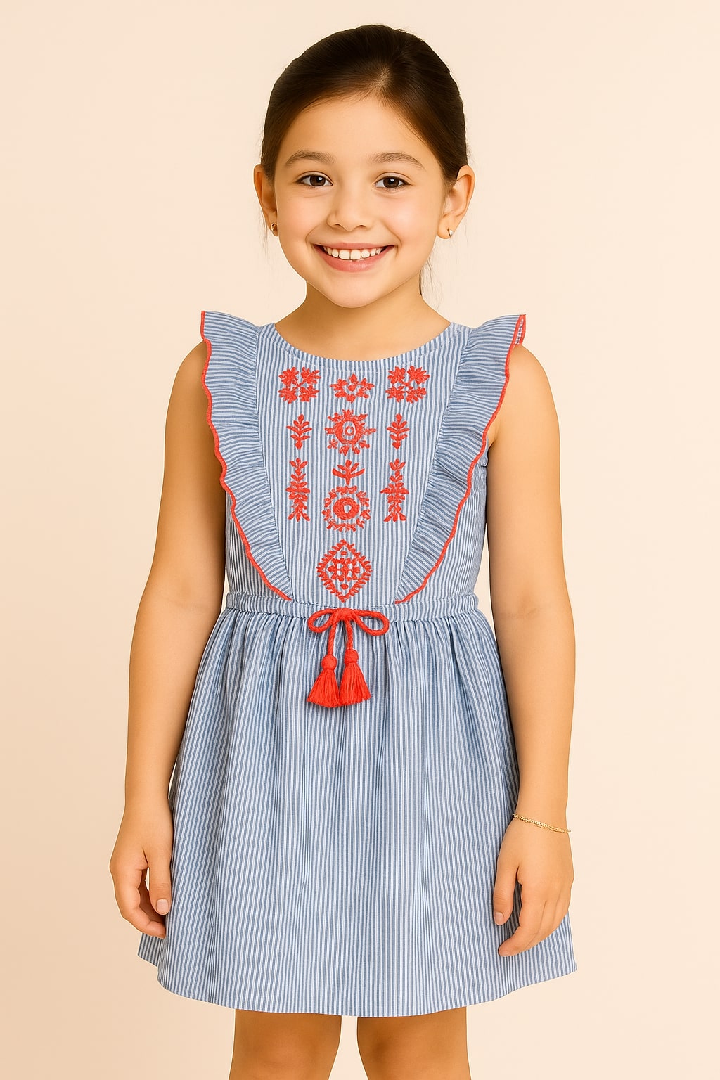 Girls Blue Striped Embroidered Dress
