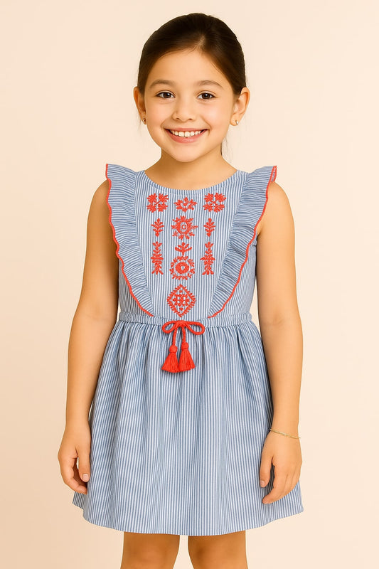 Girls Blue Striped Embroidered Dress