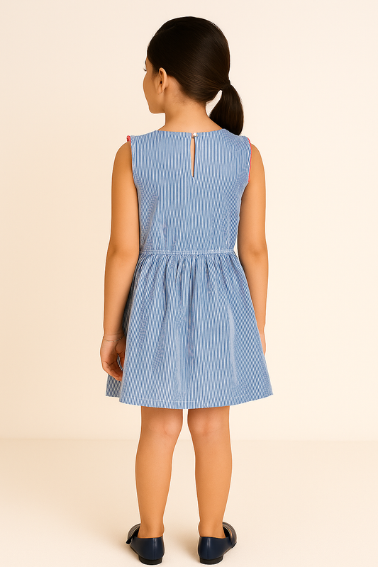 Girls Blue Striped Embroidered Dress