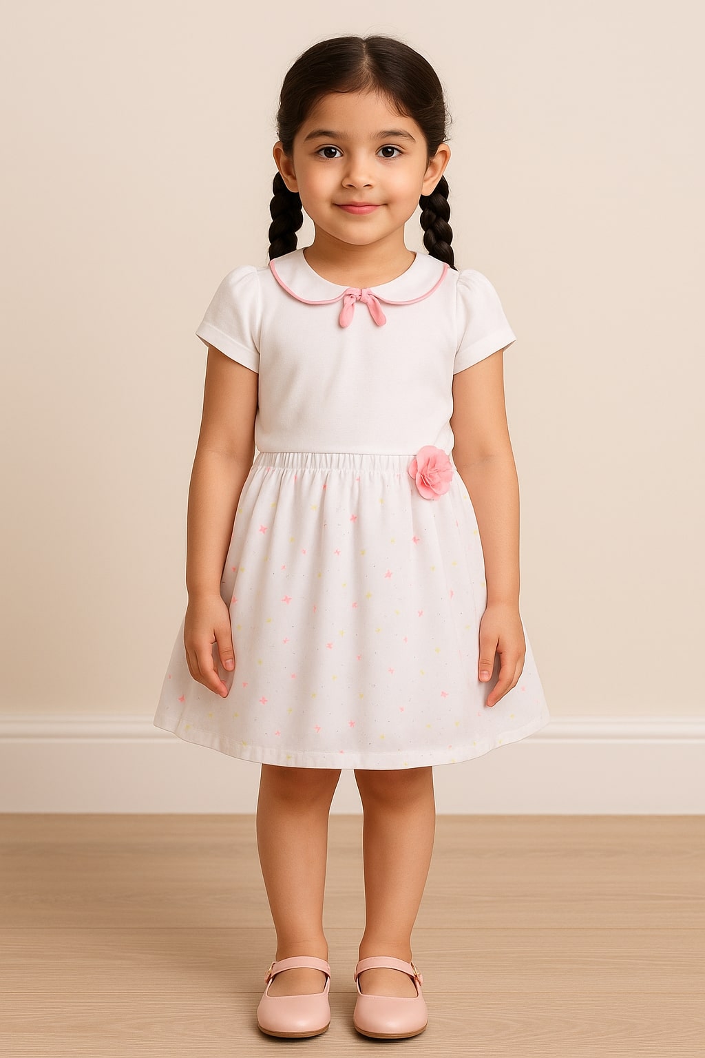 Girls Printed Flared Skirt with Floral  Detail