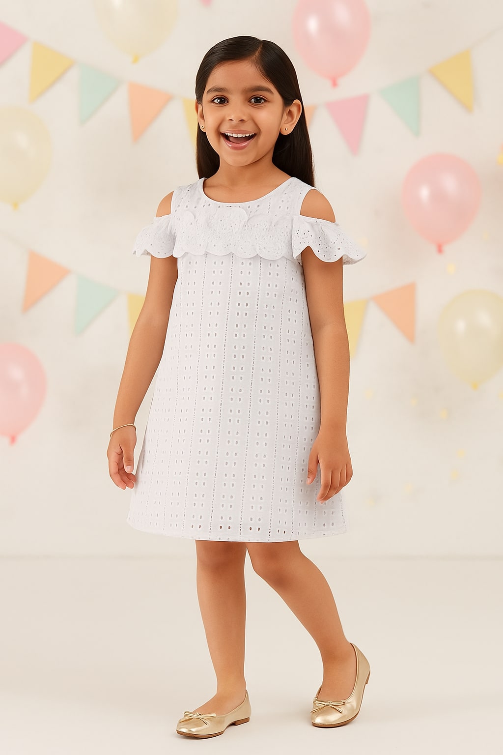 Girls White Schiffli A-Line Dress