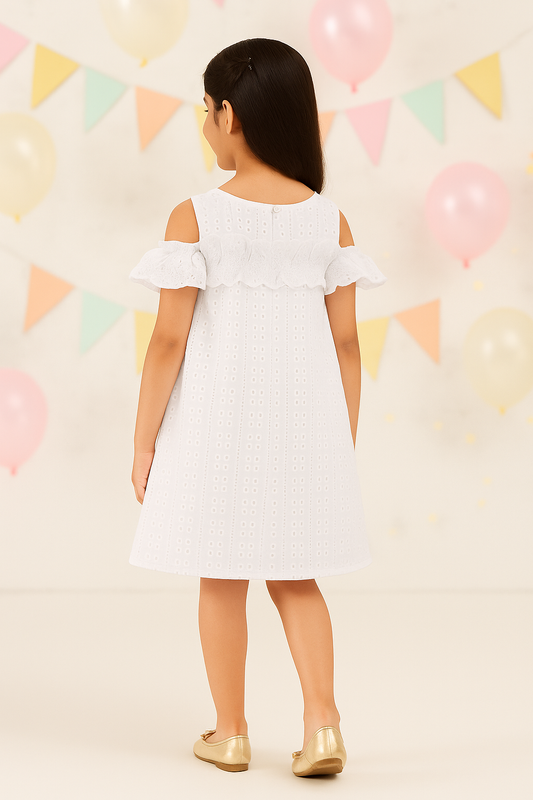 Girls White Schiffli A-Line Dress