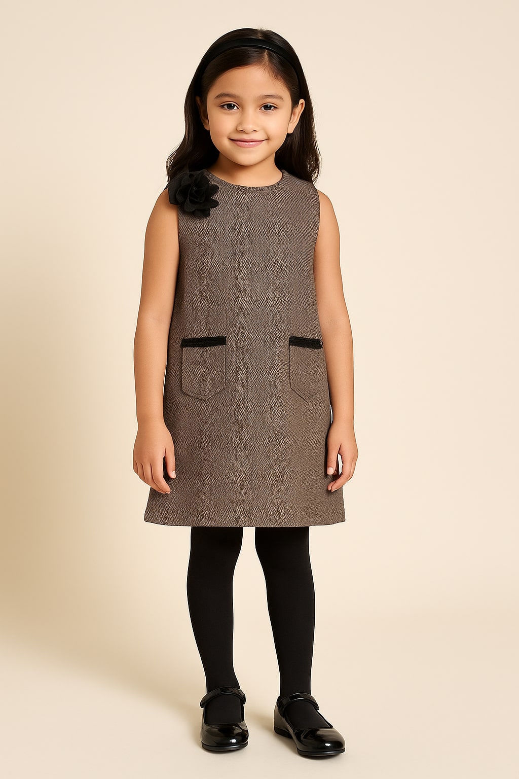Girls Brown Sleeveless Shift Dress