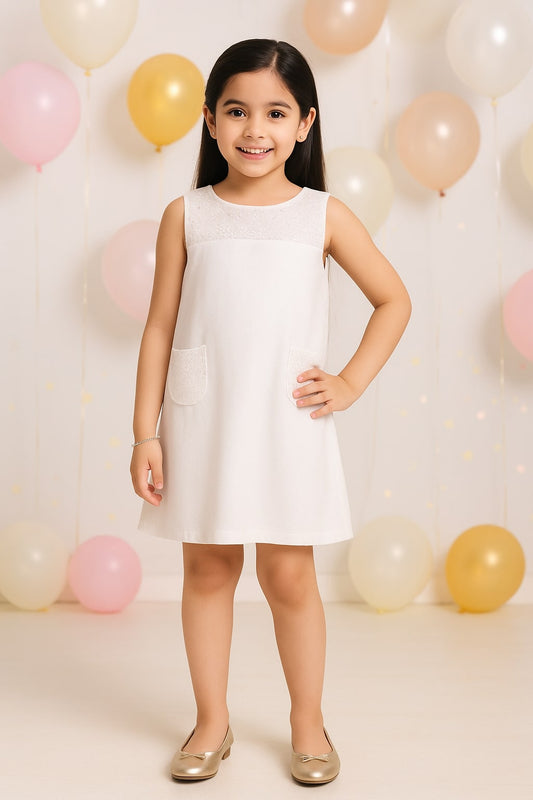 Girls Beige Sequin A-Line Dress