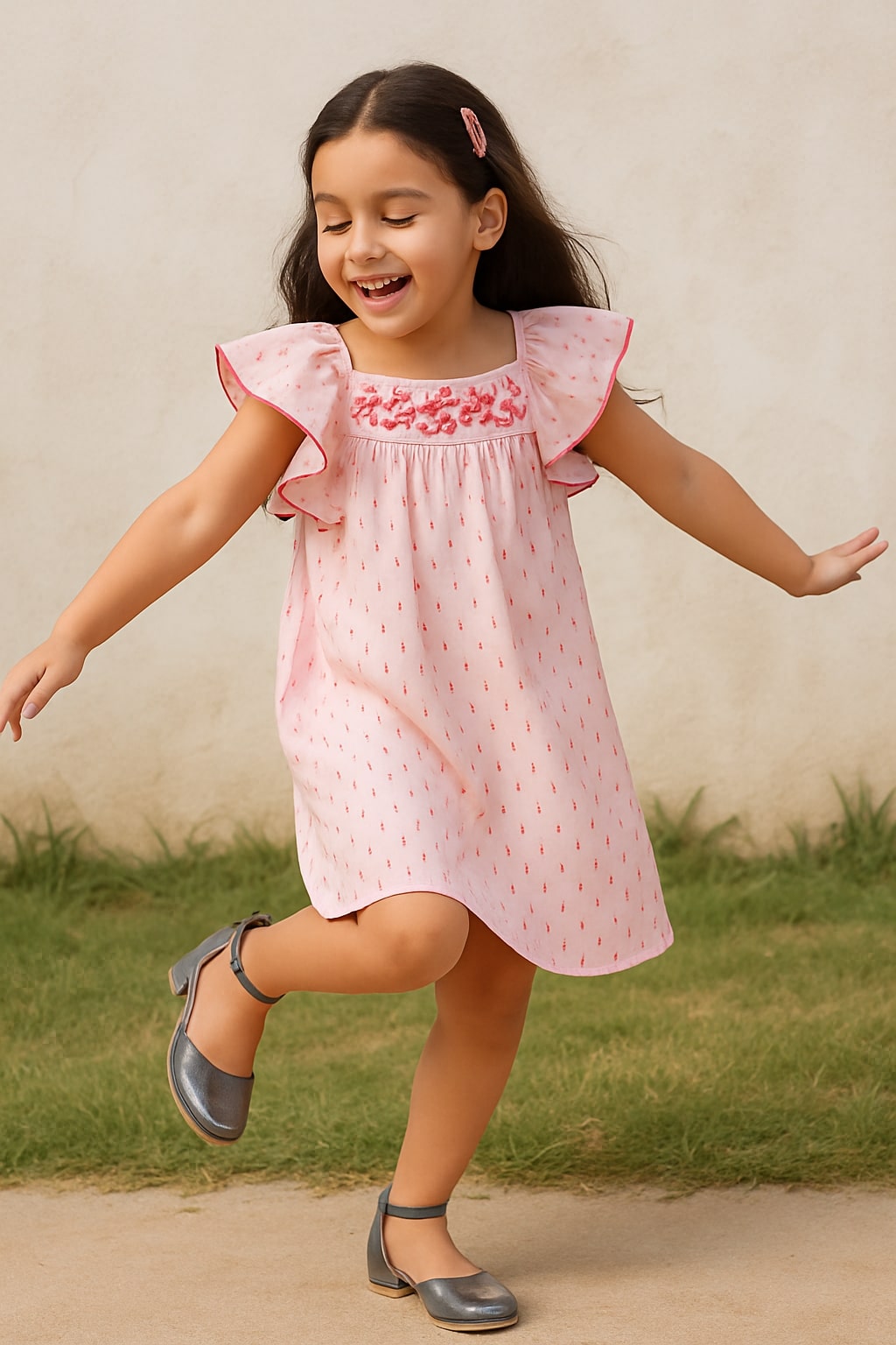 Girls Pink Embroidered Flutter Sleeve Dress