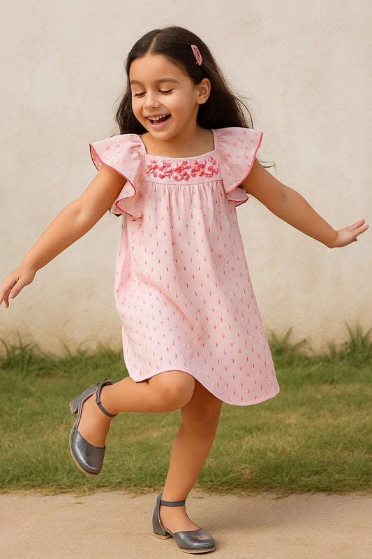 Girls Pink Embroidered Flutter Sleeve Dress