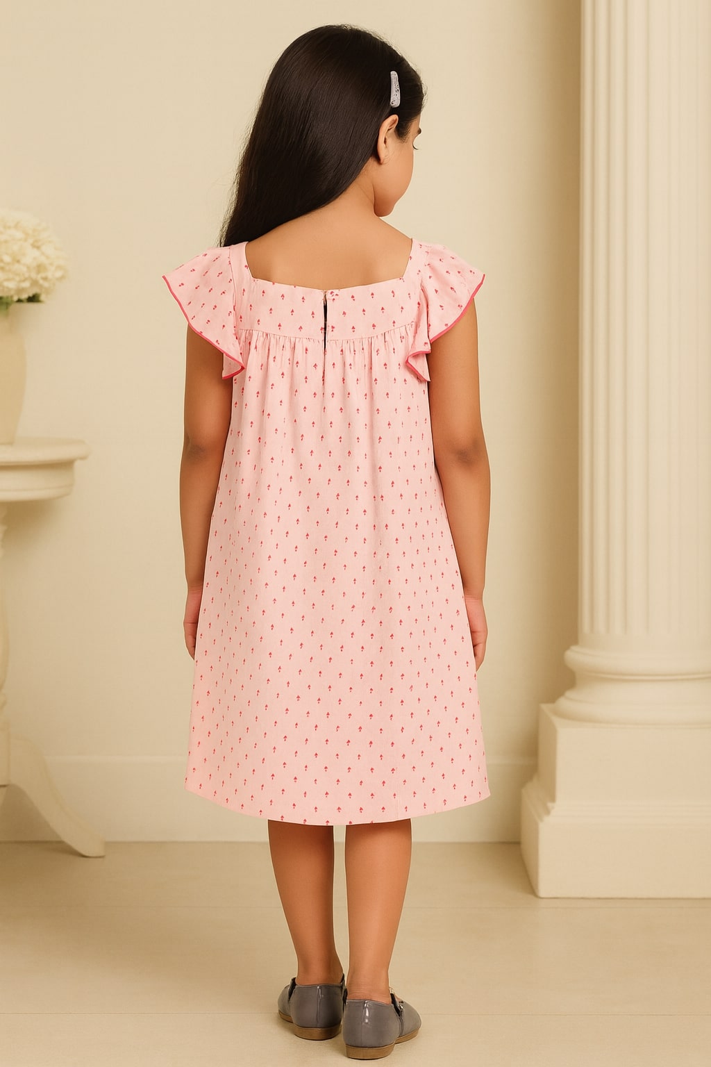 Girls Pink Embroidered Flutter Sleeve Dress