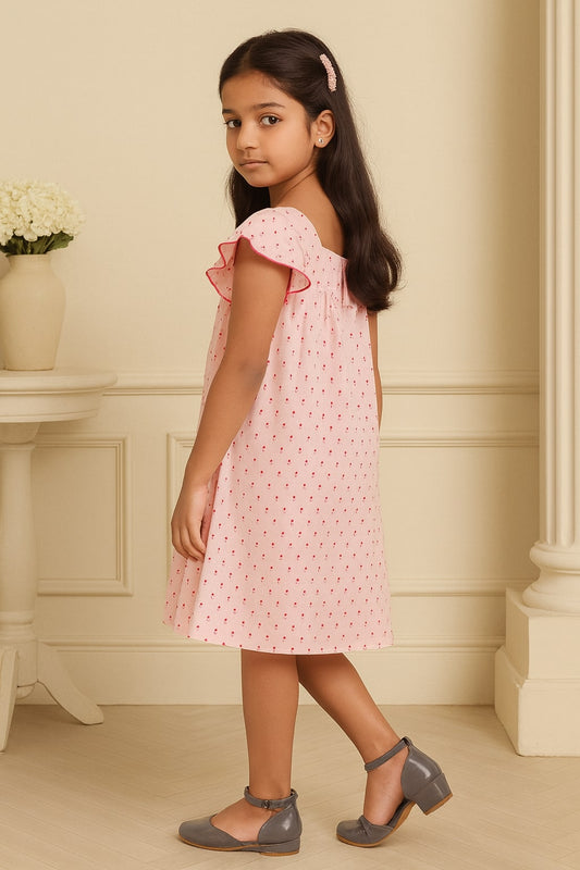 Girls Pink Embroidered Flutter Sleeve Dress