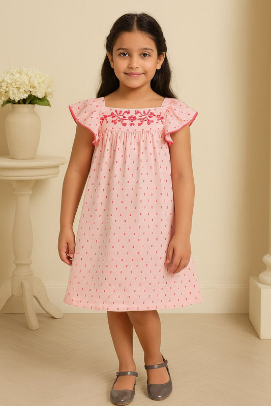 Girls Pink Embroidered Flutter Sleeve Dress