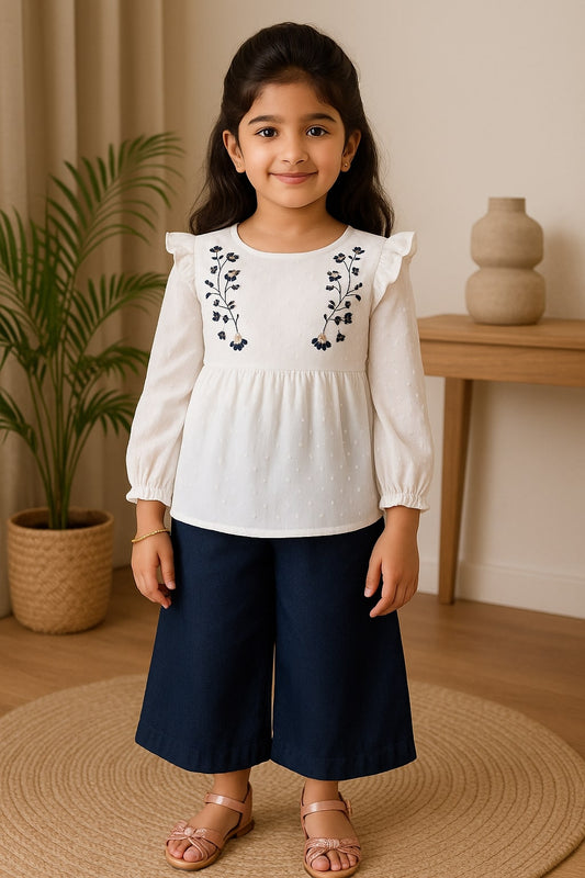 Girls White Embroidered Full Sleeve Top