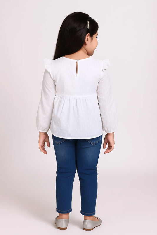 Girls White Embroidered Full Sleeve Top